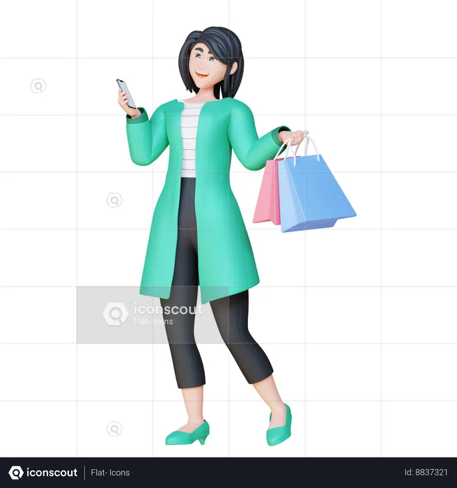 Chica sosteniendo teléfono y bolsas de compras  3D Illustration