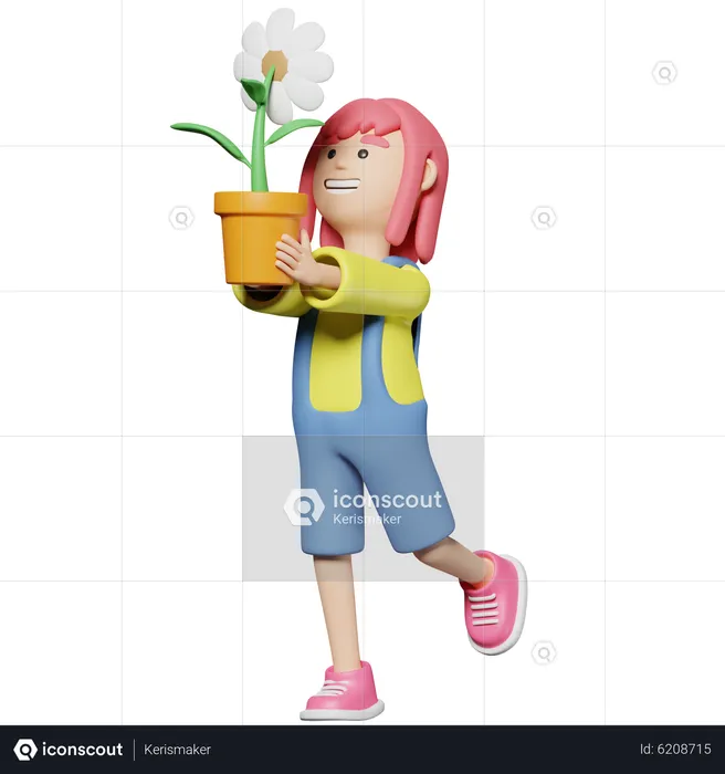 Chica sostenga una maceta de flores  3D Illustration