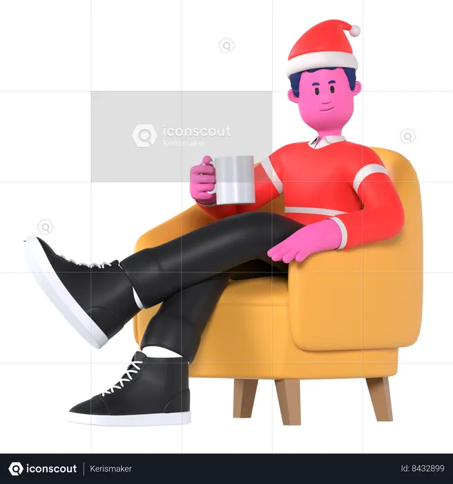Niño de Navidad bebiendo chocolate caliente en el sofá  3D Icon