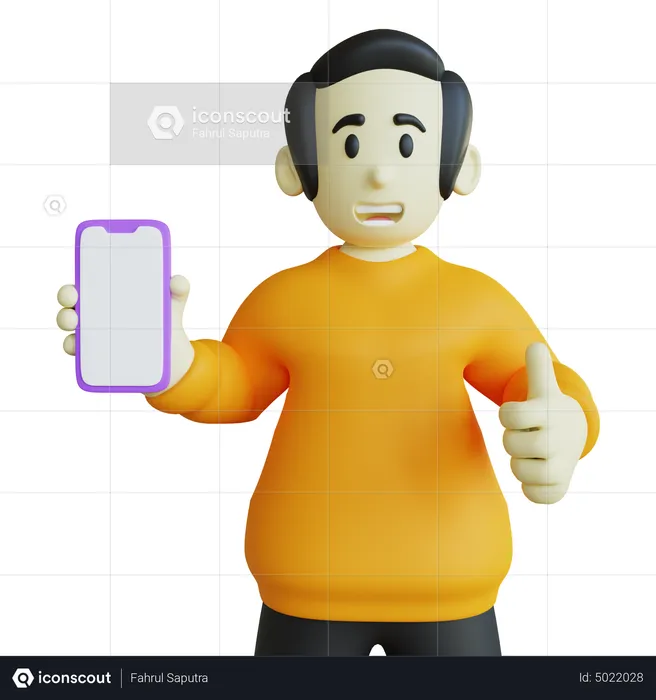 Niño mostrando los pulgares hacia arriba al teléfono inteligente  3D Illustration