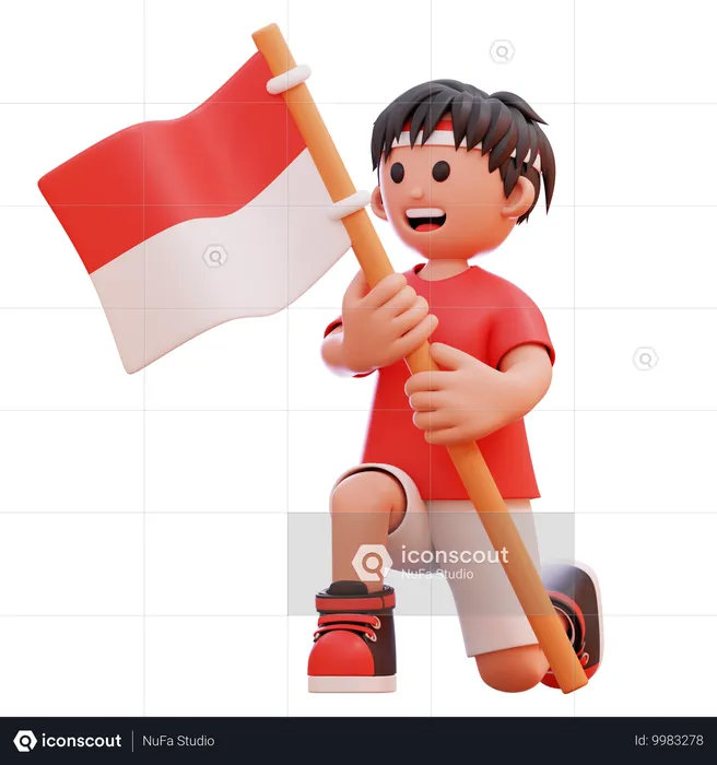 Niño sosteniendo la bandera de Indonesia para la celebración del día de la independencia  3D Illustration