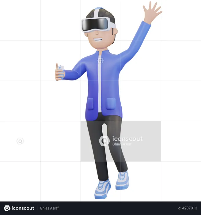 Niño con casco de realidad virtual y agitando la mano  3D Illustration