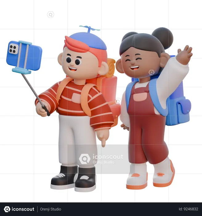 Niño y niña tomándose un selfie  3D Illustration