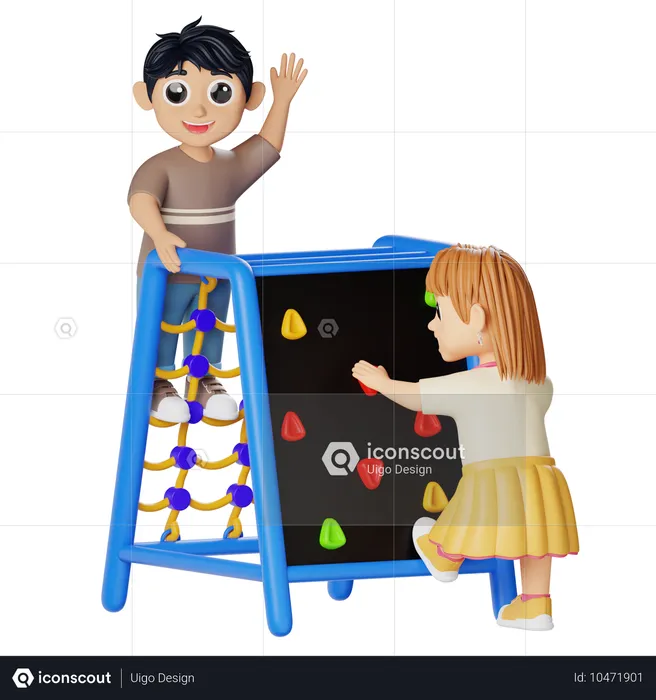 Niños jugando a escalar rocas con red  3D Illustration