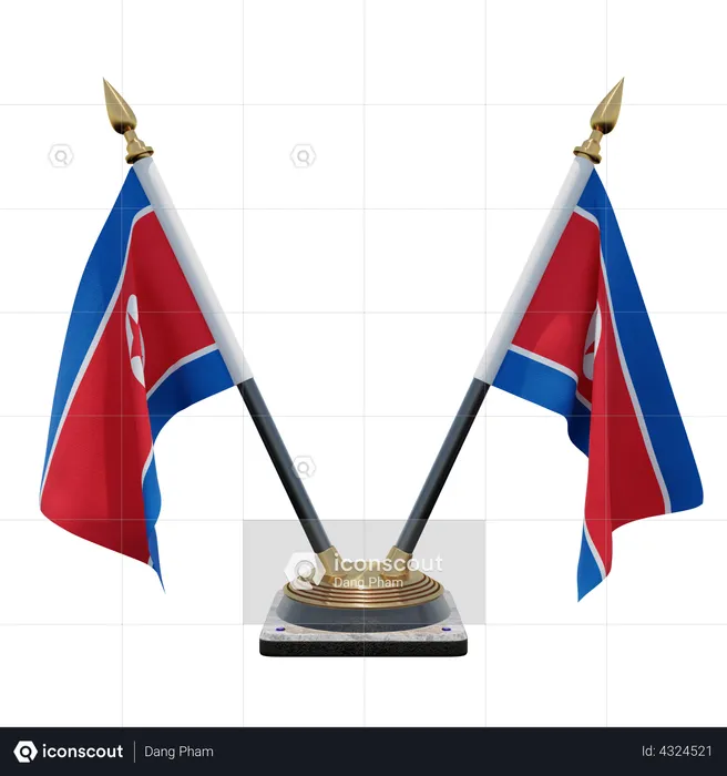 North Korea Double Desk Flag Stand Flag 3D Illustration