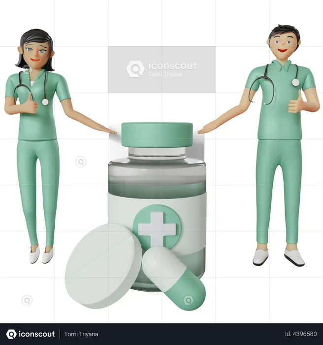 Nurse pointing medicine jar  3D Illustration