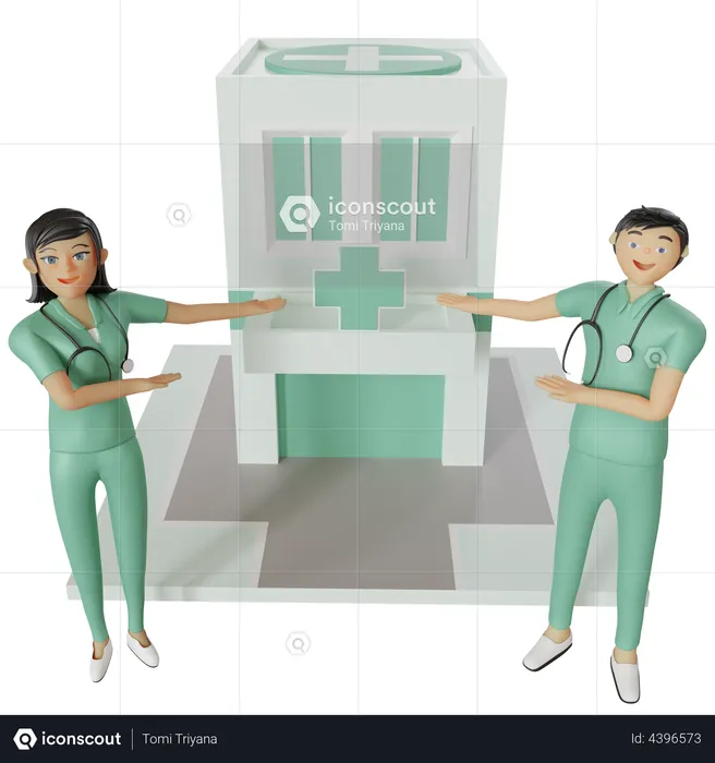 Nurses pointing hospital building  3D Illustration