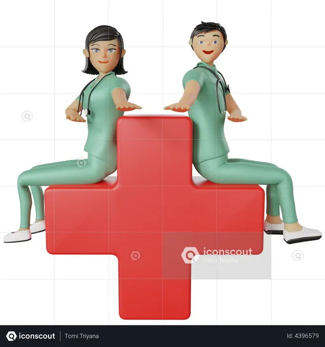 Nurses sitting on red cross  3D Illustration