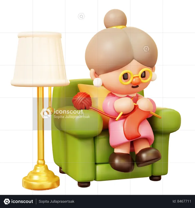 Old Woman Sitting on Armchair and Knitting a Scarf  3D Icon