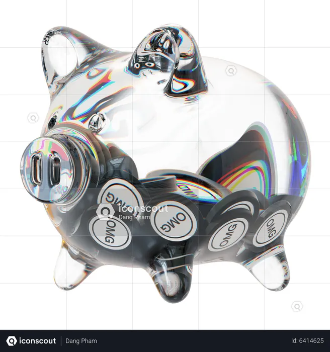 Omg Clear Glass Piggy Bank With Decreasing Piles Of Crypto Coins  3D Icon