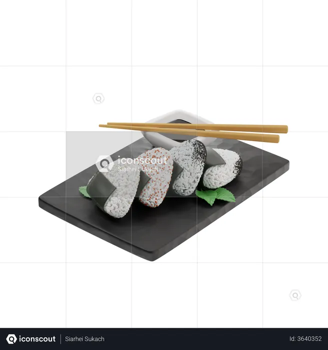 Onigiri on a black slate board  3D Illustration