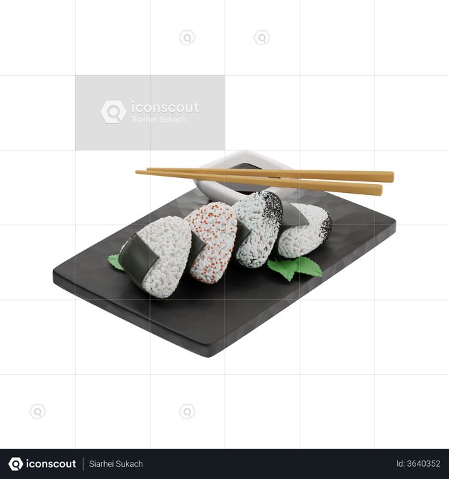 Onigiri on a black slate board 3D Illustration