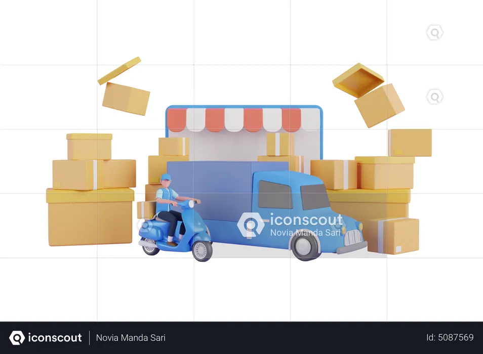 Online delivery service through scooter and truck  3D Illustration