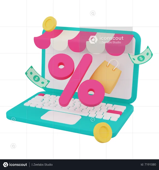 Online Discount On Laptop  3D Icon