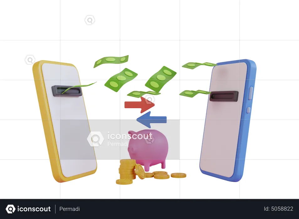 Online money transfer between apps  3D Illustration