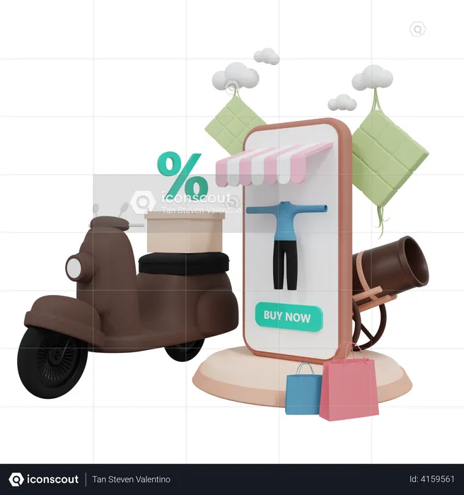 Online Ramadan Shopping With Delivery Bike  3D Illustration
