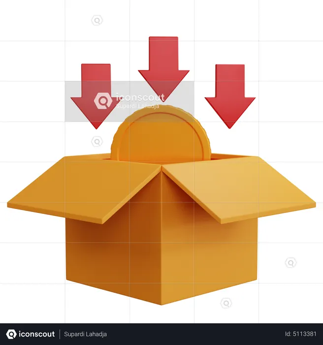 Open Cardboard Box With Coins And Down Arrow  3D Icon