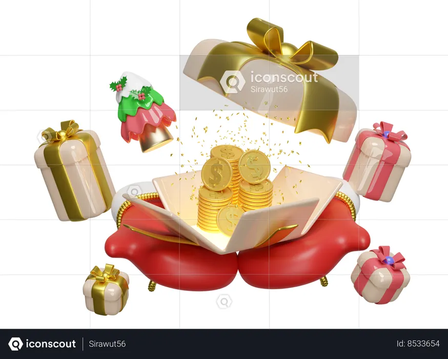 Open gift box on warm mittens  3D Illustration