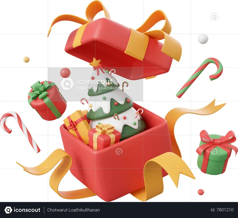 Opened Gift Box With Christmas Tree And Decorations  3D Icon
