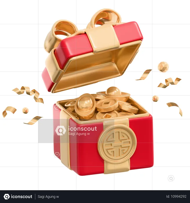 Opened Gift Boxt With Gold Ingots And Coins  3D Icon