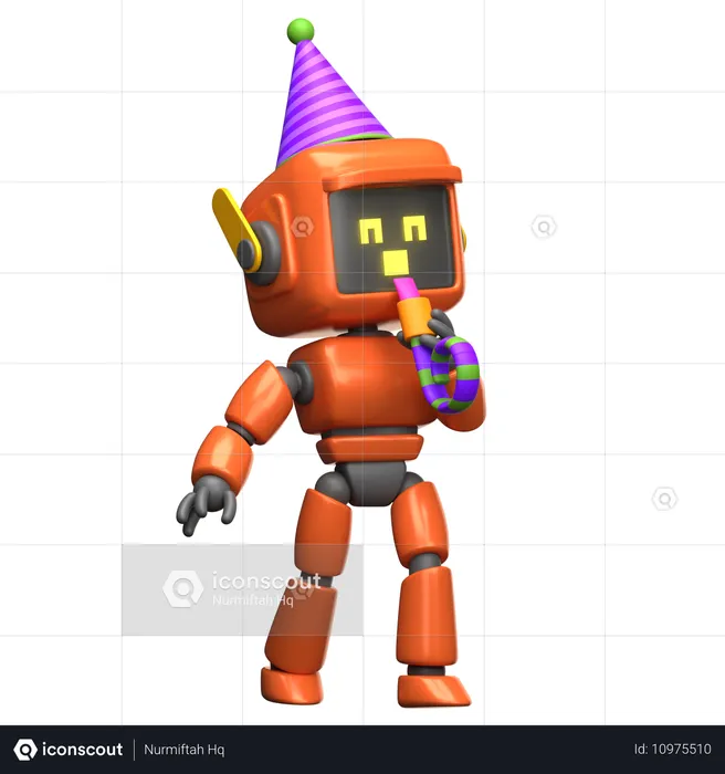 Orange Robot Celebrating With Party Hat And Whistle  3D Illustration