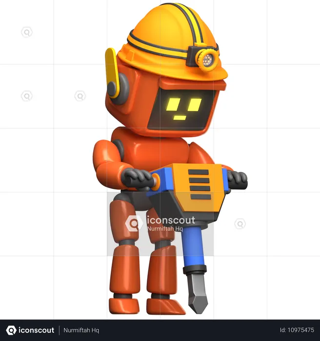Orange Robot Construction Worker With Jackhammer Tool  3D Icon