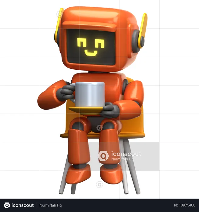 コーヒーカップを持ったオレンジ色のロボット  3D Illustration