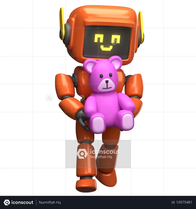 Orange Robot Holding A Teddy Bear  3D Illustration