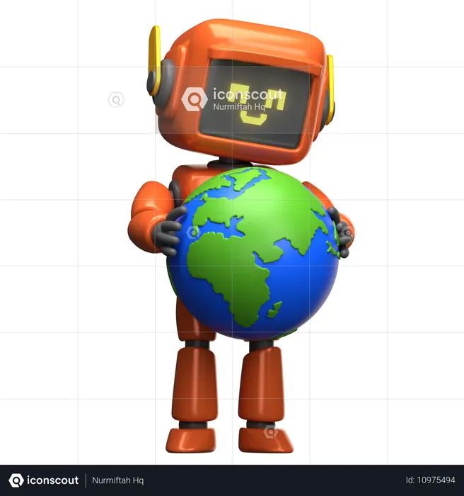 Orange Robot Holding The Earth Globe  3D Illustration