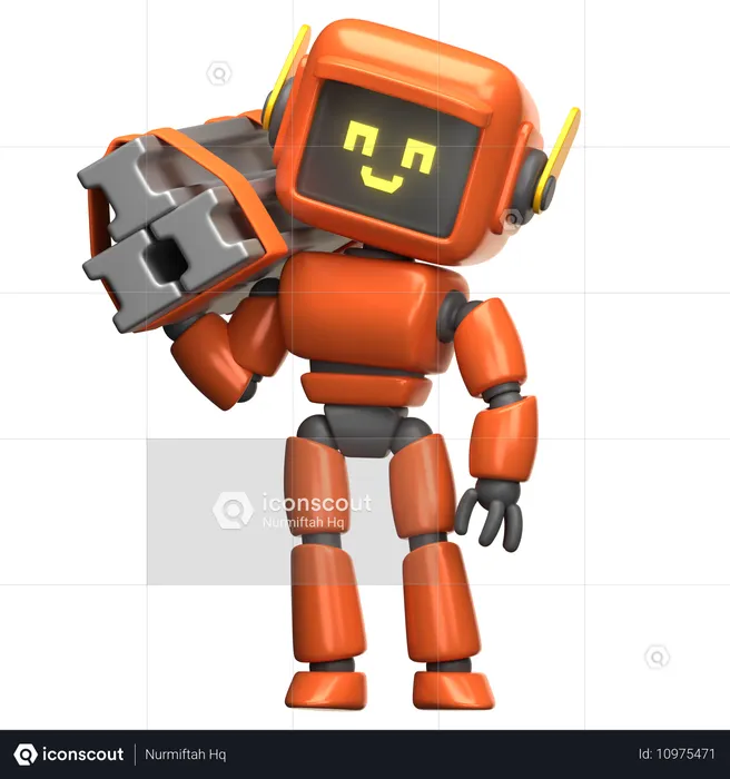 Orange Robot Lifting Construction Steel  3D Illustration