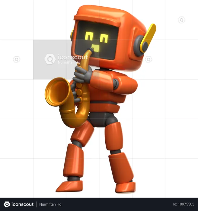 Orange Robot Playing Saxophone  3D Illustration