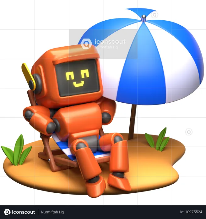 Orange Roboter entspannt auf Liegestuhl  3D Illustration