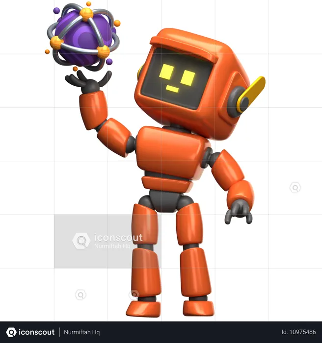 Orangefarbener Roboter mit Atom  3D Illustration