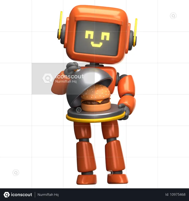 Orangefarbener Roboter hält einen Burger auf einem Tablett  3D Illustration