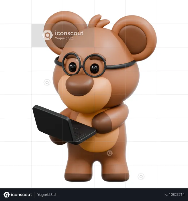 El oso trae su computadora portátil  3D Illustration