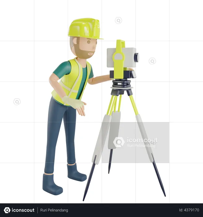 Travailleur mesurant avec des arpenteurs-géomètres  3D Illustration