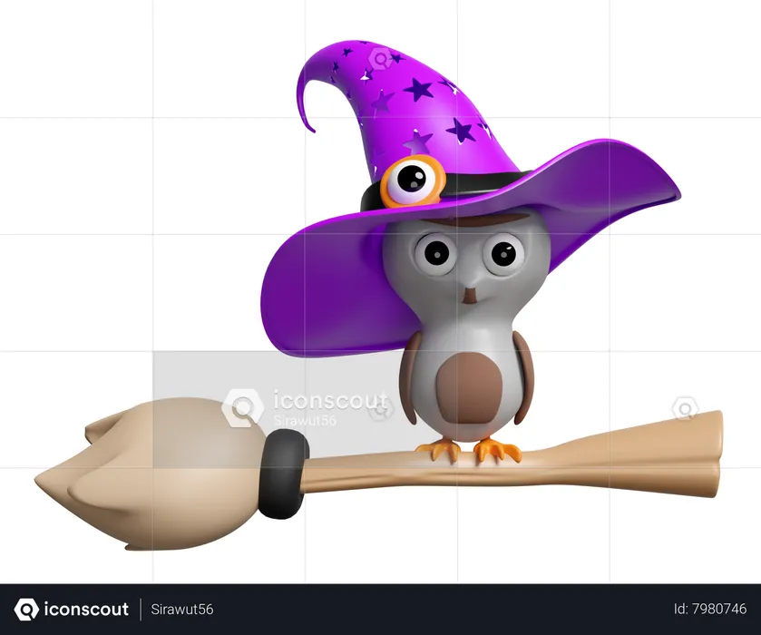 Owl On Broom  3D Icon