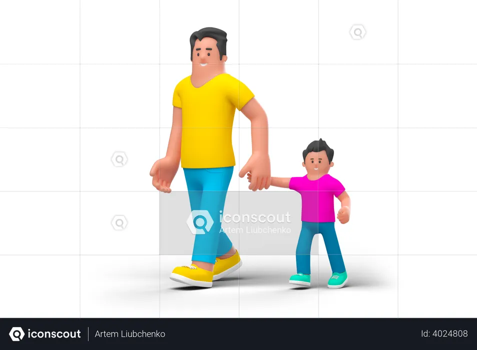 Padre caminando con hijo  3D Illustration