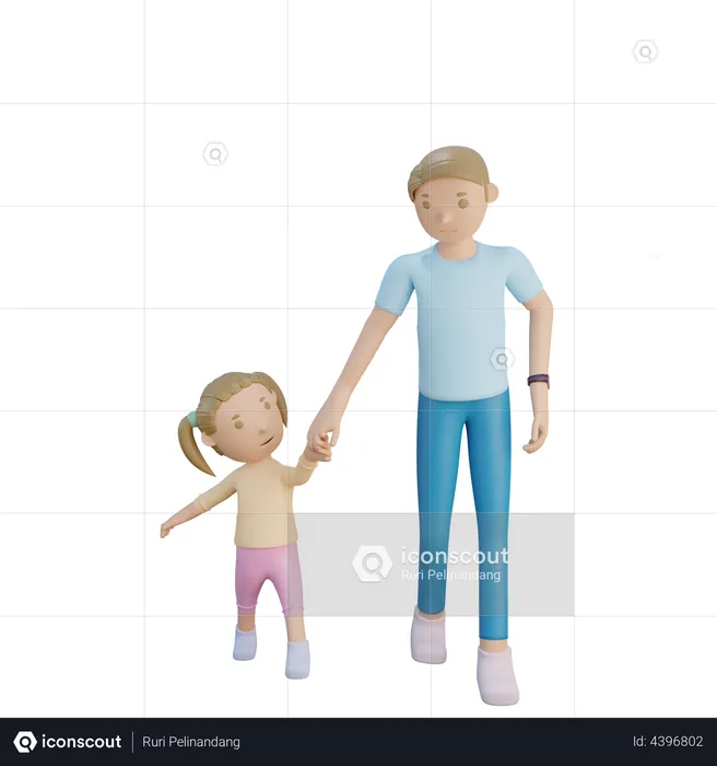 Padre e hija caminando juntos  3D Illustration