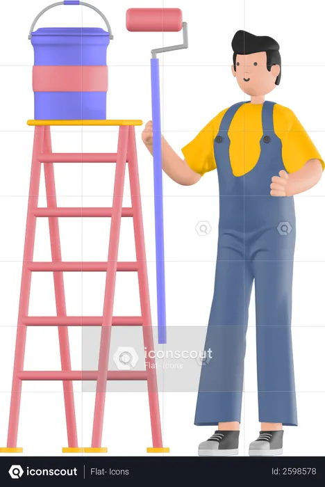 Paint man holding paint roller and bucket near ladder  3D Illustration
