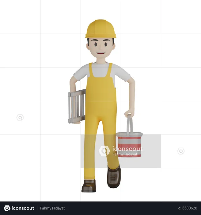 Painter Carrying Paint Bucket And Ladder  3D Illustration