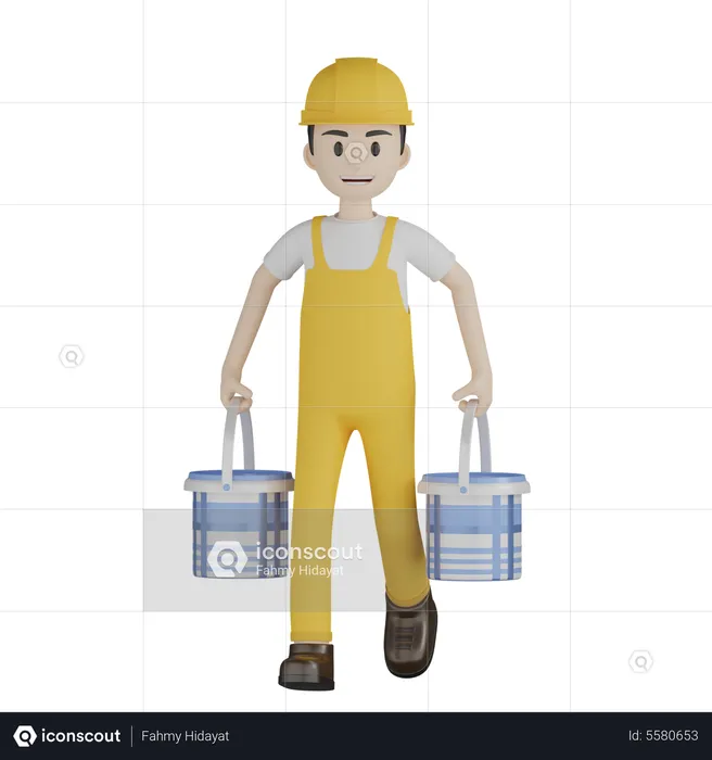 Painter Carrying Paint Bucket In Hand  3D Illustration