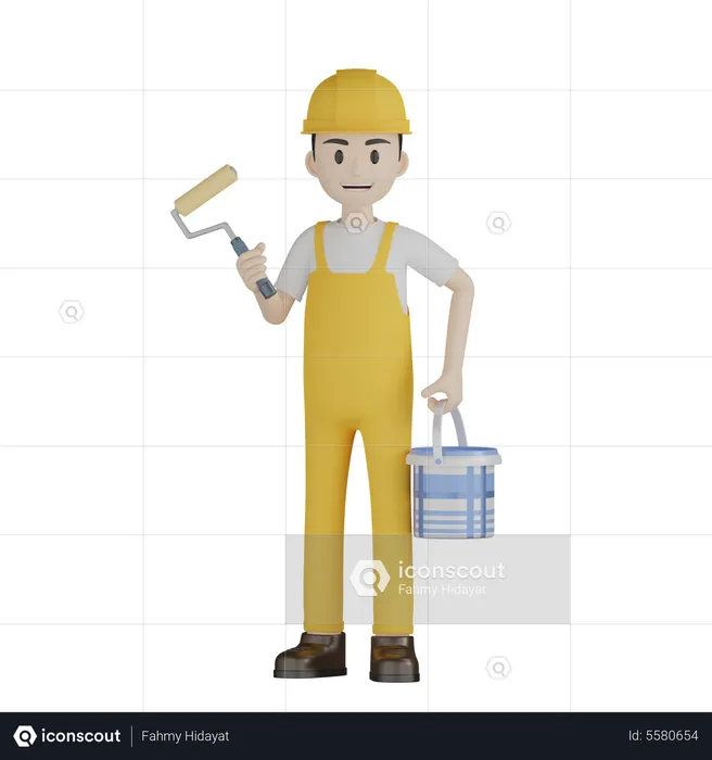 Painter Doing Painting With Holding Color Bucket  3D Illustration