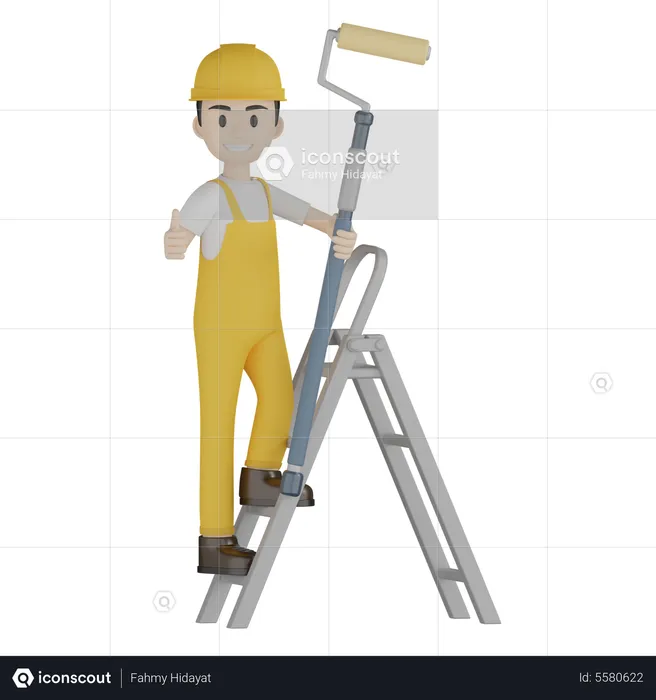 Painter Doing Painting Work Stands On Ladder  3D Illustration