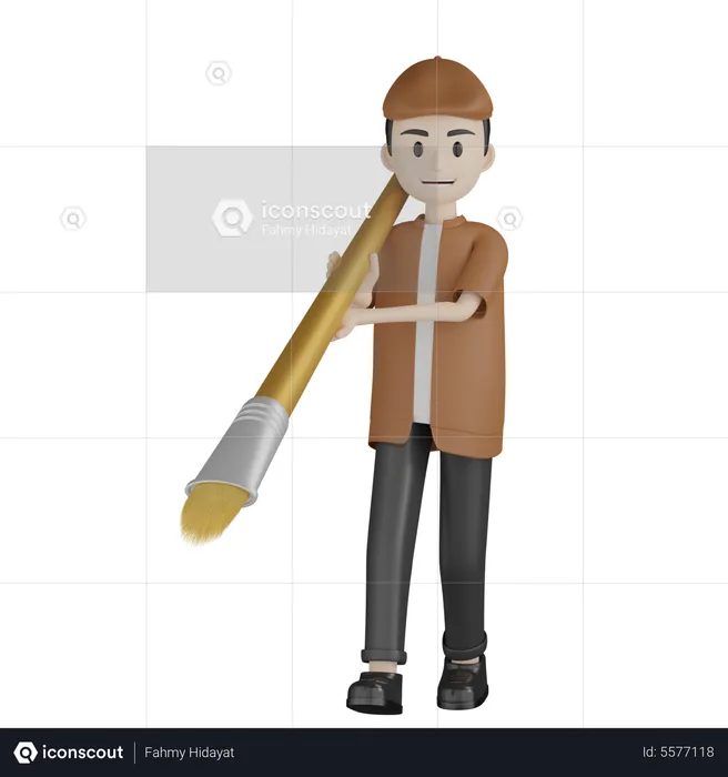 Painter Holding Paint Brush  3D Illustration