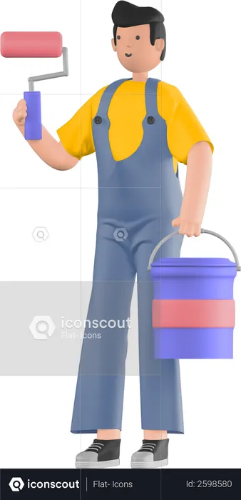 Painter holding paint roller and paint bucket  3D Illustration