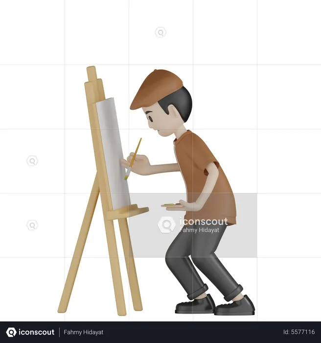 Painter Painting On Canvas  3D Illustration