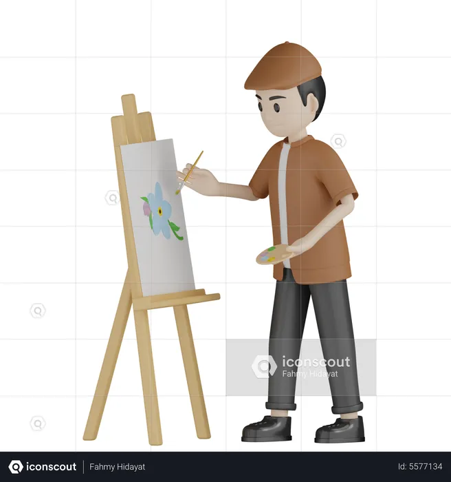 Painter Painting On Easel  3D Illustration
