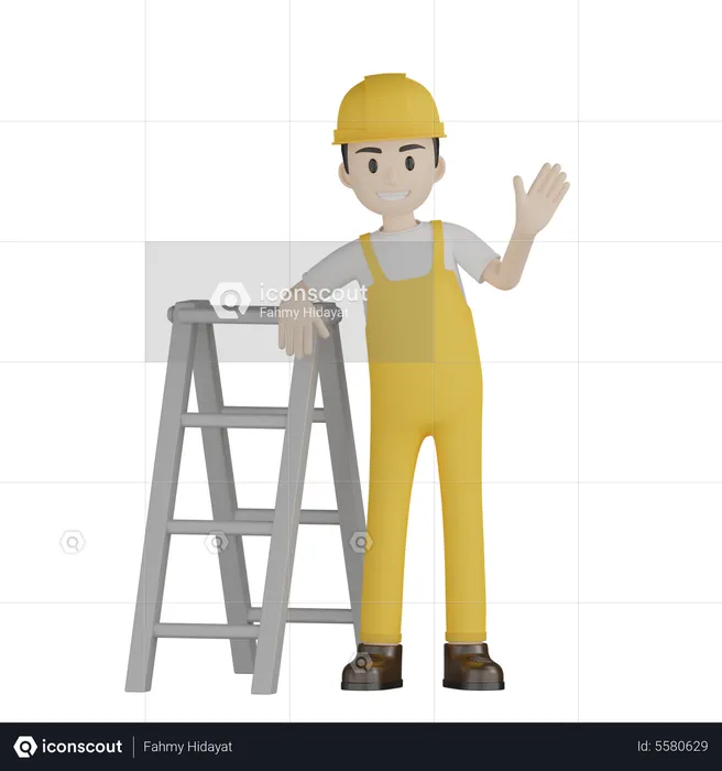 Painter Saying Hello Stand With Ladder  3D Illustration