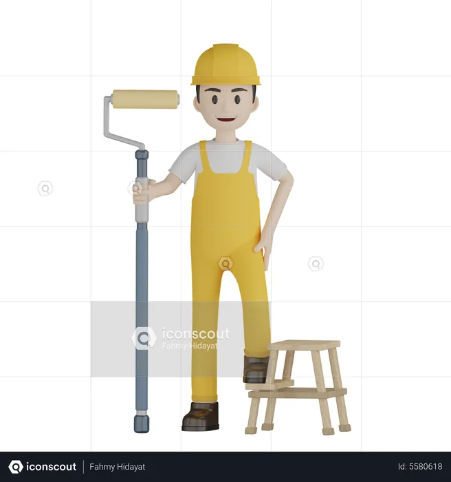 Painting Stands On Stool Ladder  3D Illustration